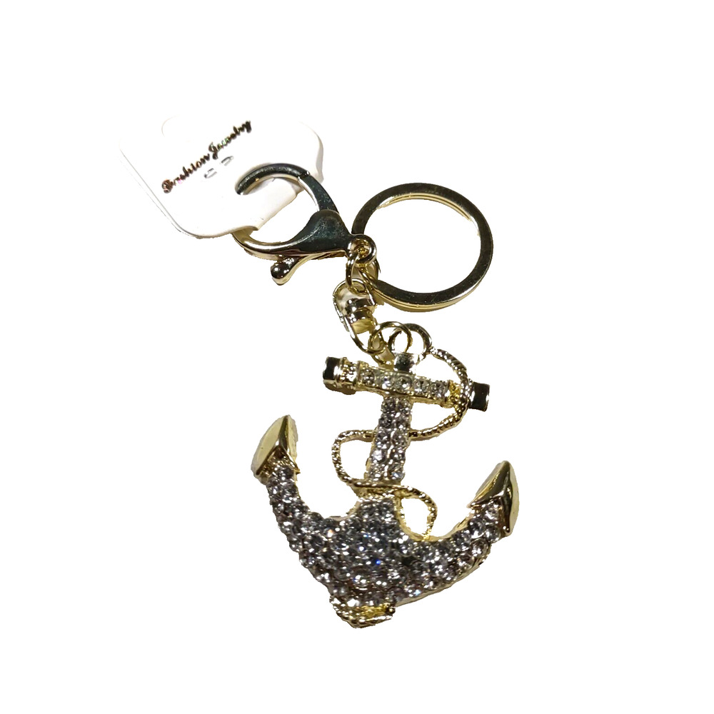 Fashion Jewelry Anchor Keychain Purse Clip Gold Tone Rhinestones Ship Beach...